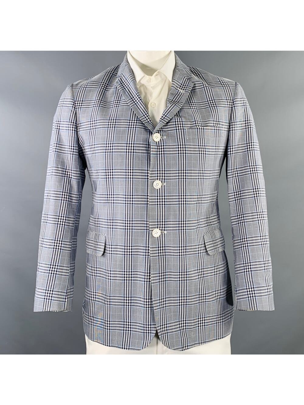 BLACK FLEECE Size 42 Navy White Plaid Cotton Silk Sport Coat